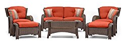 La-Z-Boy Outdoor Sawyer 6 Piece Resin Wicker Patio Furniture Conversation Set (Grenadine Orange) With All Weather Sunbrella Cushions