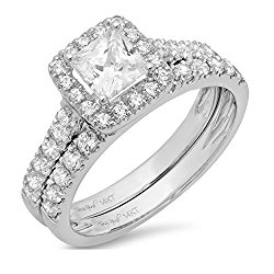 1.8 Ct Princess Cut Pave Halo Bridal Engagement Wedding Anniversary Ring Band Set 14K White Gold, Clara Pucci