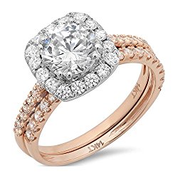 2.35 Ct Round Cut Pave Halo Engagement Wedding Bridal Anniversary Ring Band Set 14K Rose White Gold, Clara Pucci