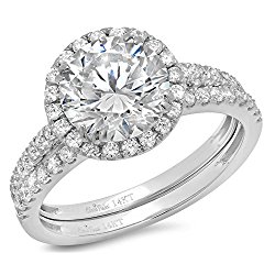 2.92 Ct Round Cut Pave Double Halo Engagement Promise Wedding Bridal Anniversary Ring Band Set 14K White Gold, Clara Pucci