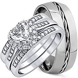 4 Pieces Men’s and Women’s, His & Hers, 925 Genuine Sterling Silver & Titanium Engagement Matching Wedding Ring Set