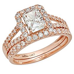 Clara Pucci 1.5 CT Emerald Cut Pave Halo Bridal Engagement Wedding Ring band set 14k Rose Gold