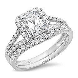 Clara Pucci 1.5 CT Emerald Cut Pave Halo Bridal Engagement Wedding Ring band set 14k White Gold