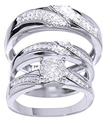 Jewel Zone US White Natural Diamond Wedding Trio Bridal Ring Set In 14k Solid White Gold (0.33 Ct)