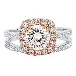 Round Cut Solitaire Pave Halo Bridal Engagement Wedding Ring band set 14k White and Rose Gold, 2.1CT