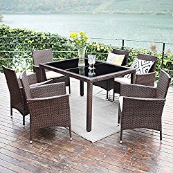 Wisteria Lane Patio Wicker Dining Set, 7 Piece Outdoor Rattan Dining Furniture Glass Table Cushioned Chair,Brown