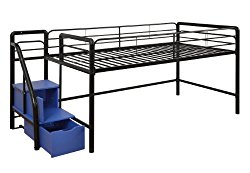 DHP Junior Twin Metal Loft Bed with Storage Steps, Space-Saving Solution, Multifunctional, Black with Blue Steps