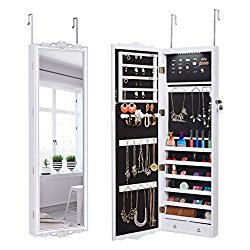 LANGRIA 10 LEDs Jewelry Cabinet Full-Length Lockable Wall-Mounted Over-the-Door Hanging Jewelry Armoire and Accessories Storage Organizer, 2 Drawers Carved Design and 3 Adjustable Heights (White)