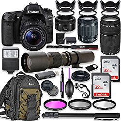 Canon EOS 80D DSLR Camera with 18-55mm Lens Bundle + Canon EF 75-300mm III Lens, Canon 50mm f/1.8 and 500mm Preset Lens + Canon Water Resistant Backpack + 64GB Memory + Monopod + Professional Bundle