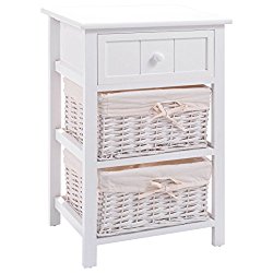 Giantex White Wood Night Stand w/Storage Drawer, 2 Baskets and Open Shelf for Bedroom, Bedside End Tableedroom Wood W/2 Basket (1)