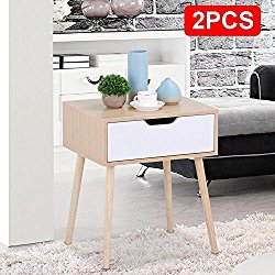 Topeakmart Light Walnut/White Side End Table Nighstand Table with Storage Drawer 22.6″H, Set of 2