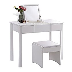 Giantex Bathroom Vanity Dressing Table with Flip Top Mirror 2 Drawers 3 Removable Organizers, White