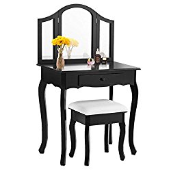 Giantex Bathroom Vanity Makeup Table Set w/ Tri-folding Mirror & Cushioned Stool Dressing Table (Black)