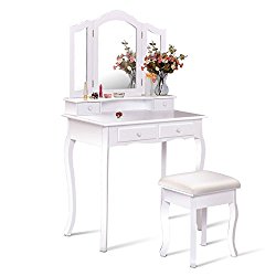 Giantex Bathroom Vanity Set Tri-folding Mirror W/Bench 4 Drawer Dressing Table Make-up Vanity Table Set (White)