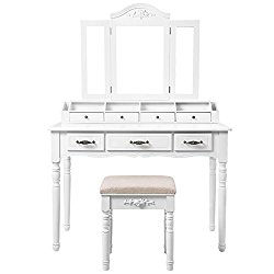 SONGMICS Vanity Table Set, Tri-folding Necklace Hooked Mirror, 7 Drawers, 6 Organizers Makeup Dressing Table with Cushioned Stool Easy Assembly, Gift for Girls White URDT06M