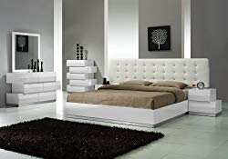 J&M Furniture Milan White Lacquer With White Leatherette Headboard Bedroom Set – King Size