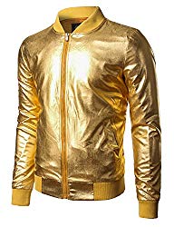 JOGAL Mens Metallic Nightclub Styles Zip up Varsity Baseball Bomber Jacket Medium Gold