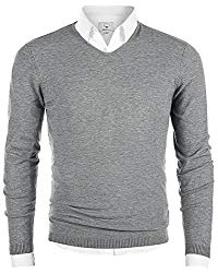 MOCOTONO Men’s V-Neck Long Sleeve Pullover Casual Sweater Light Gray Large