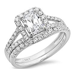 1.60ct Emerald Cut Pave Halo Bridal Engagement Wedding Ring band set 14k White Gold, Clara Pucci