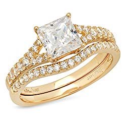 Clara Pucci 1.91 CT Princess Cut Pave Halo Bridal Engagement Wedding Ring band set 14k Yellow Gold