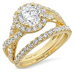 Clara Pucci 2.3 CT Round Cut Pave Halo Bridal Engagement Wedding Ring band set 14k Yellow Gold