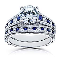 Forever One (D-F) Moissanite Bridal Set with Diamond and Sapphire 2 7/8 Carat in 14k White Gold