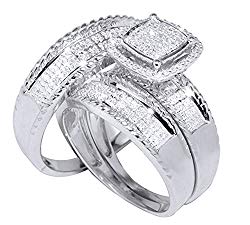 Jewel Zone US White Natural Diamond Engagement & Wedding Trio Bridal Ring Set In 10k Solid White Gold (0.33 Ct)