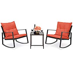 Best Choice Products 3-Piece Patio Wicker Bistro Furniture Set w/2 Rocking Chairs, Glass Side Table, Cushions – Red