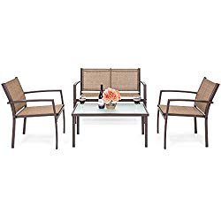 Best Choice Products 4-Piece Patio Metal Conversation Furniture Set w/Loveseat, 2 Chairs, and Glass Coffee Table- Brown