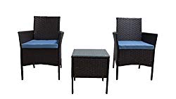 GOJOOASIS Rattan Patio Outdoor Armchairs PE Wicker Furniture 3 Piece Conversation Set Garden Table and Chairs with Blue Cushions, Brown