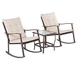 Solaura Outdoor Furniture 3-Piece Rocking Wicker Bistro Set All Weather Brown Wicker with Waterproof Cushions – Two Chairs with Glass Coffee Table
