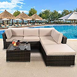 TANGKULA 4 Piece Furniture Set Patio Outdoor Deck Lawn Backyard Durable Steel Frame PE Rattan Wicker Sectional Sofa Set, Conversation Set with Coffee Table (brown)