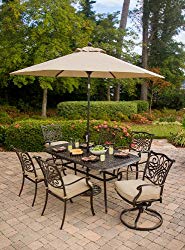 Hanover Outdoor Furniture 7 Piece Traditions Deep Cushioned Dining Set with Umbrella