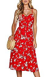 Angashion Women’s Dresses-Summer Floral Bohemian Spaghetti Strap Button Down Swing Midi Dress with Pockets 0860 Red M