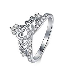 BORUO 925 Sterling Silver Cubic Zirconia Princess Crown Tiara Wedding Cz Band Eternity Ring
