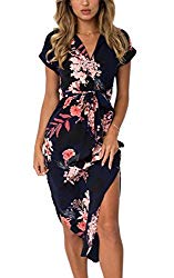 ECOWISH Womens Dresses Summer Casual V-Neck Floral Print Geometric Pattern Belted Dress Black M