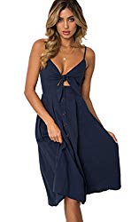 ECOWISH Womens Dresses Summer Tie Front V-Neck Spaghetti Strap Button Down A-Line Backless Swing Midi Dress Navy Blue S