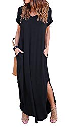 GRECERELLE Women’s Casual Loose Pocket Long Dress Short Sleeve Split Maxi Dress Black M
