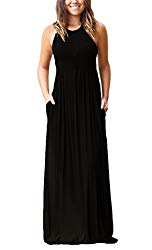 GRECERELLE Women’s Round Neck Sleeveless A-line Casual Maxi Dresses with Pockets Black-S