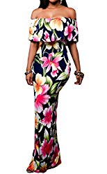 Happy Sailed Prom Floral Off Shoulder Bodycon Maxi Dress For Evening, X-Large Navy Blue