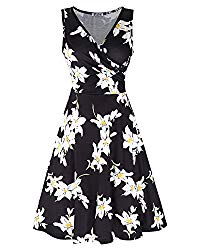 KILIG Women’s Floral Print Dress,Casual Sleeveless V Neck A Line Elegant Dresses with Pockets(C004,L)