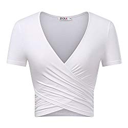 KIRA Women’s Deep V Neck Short Sleeve Unique Cross Wrap Slim Fit Crop Tops (Medium, White.)