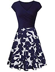 Laksmi Sundresses for Women, Floral Patchwork Casual Dress A Line Cap Sleeve V Neck,Multcolor Blue Large
