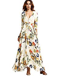 Milumia Women’s Button Up Split Floral Print Flowy Party Maxi Dress Medium Beige_Yellow
