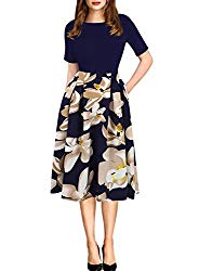 oxiuly Women’s Patchwork Foral Pockets Puffy Swing Casual Party Dress OX165 (L, Blue + White)