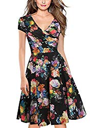 oxiuly Women’s Vintage V-Neck Floral Casual Party Cocktail A-Line Dress OX233 (M, Black)
