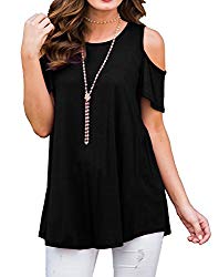 PrinStory Women’s Short Sleeve Casual Cold Shoulder Tunic Tops Loose Blouse Shirts Black-XL
