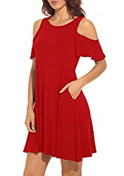 QIXING Women’s Summer Cold Shoulder Tunic Top Swing T-Shirt Loose Dress with Pockets Red-L