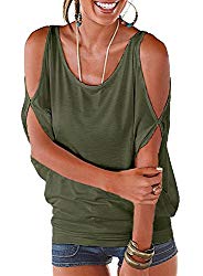 Ranphee Army Green Summer T Shirt Women Short Sleeve Cold Shoulder Loose Fit Pullover Casual Top,X-Large,Army Green