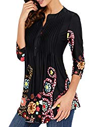 Ray-JrMALL Womens 3/4 Sleeve Boat Neck Floral Print Tunic Tops Loose Blouse Tops Black Medium